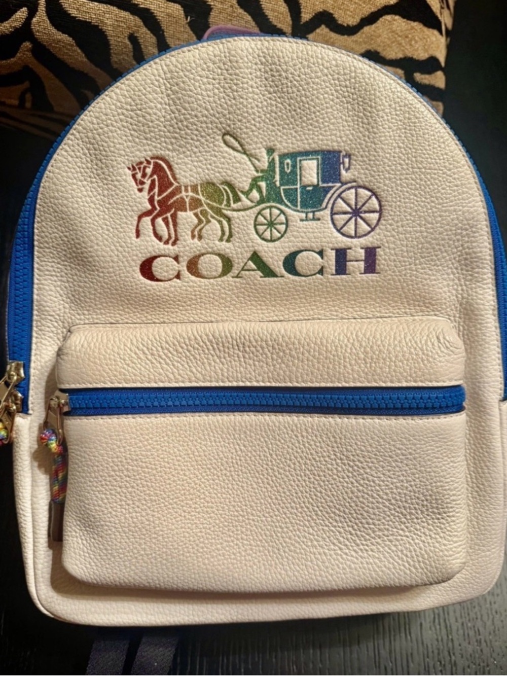 Coach White Pebbled Leather Mini Backpack with Rainbow Coach Logo and Blue Trim